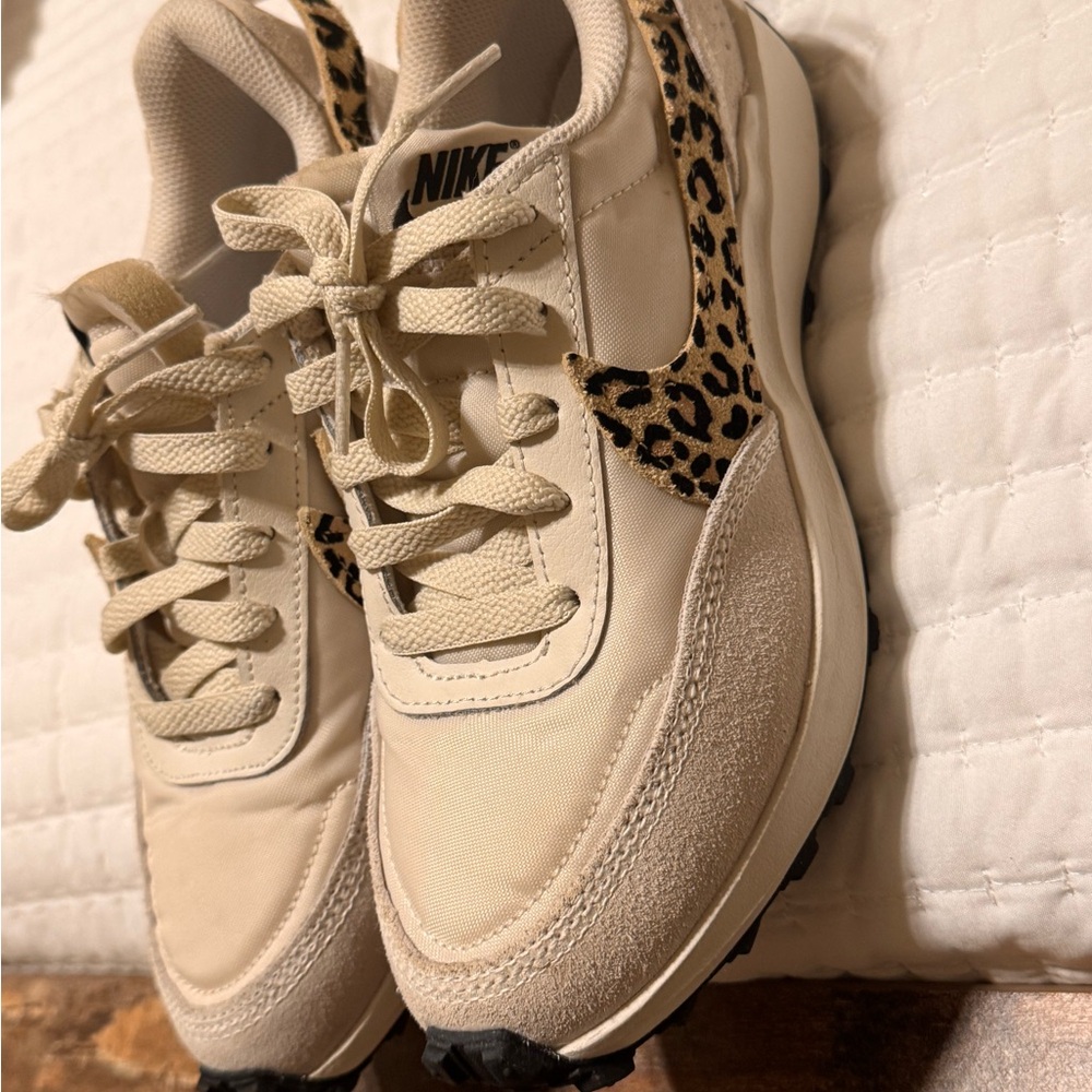 Nike Women's Cream Sneakers with Leopard Swoosh